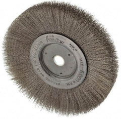 Weiler - 6" OD, 5/8" Arbor Hole, Crimped Stainless Steel Wheel Brush - 3/4" Face Width, 1-7/16" Trim Length, 0.006" Filament Diam, 6,000 RPM - Eagle Tool & Supply