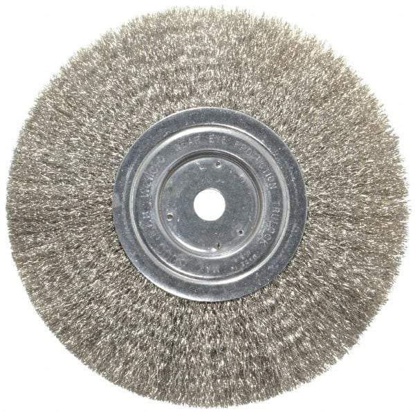 Weiler - 8" OD, 5/8" Arbor Hole, Crimped Stainless Steel Wheel Brush - 3/4" Face Width, 2-1/16" Trim Length, 0.0118" Filament Diam, 6,000 RPM - Eagle Tool & Supply