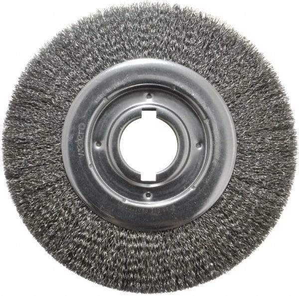 Weiler - 10" OD, 2" Arbor Hole, Crimped Steel Wheel Brush - 1-1/8" Face Width, 2" Trim Length, 0.014" Filament Diam, 3,600 RPM - Eagle Tool & Supply