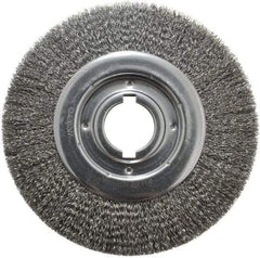 Weiler - 10" OD, 2" Arbor Hole, Crimped Steel Wheel Brush - 1-1/8" Face Width, 2" Trim Length, 0.014" Filament Diam, 3,600 RPM - Eagle Tool & Supply