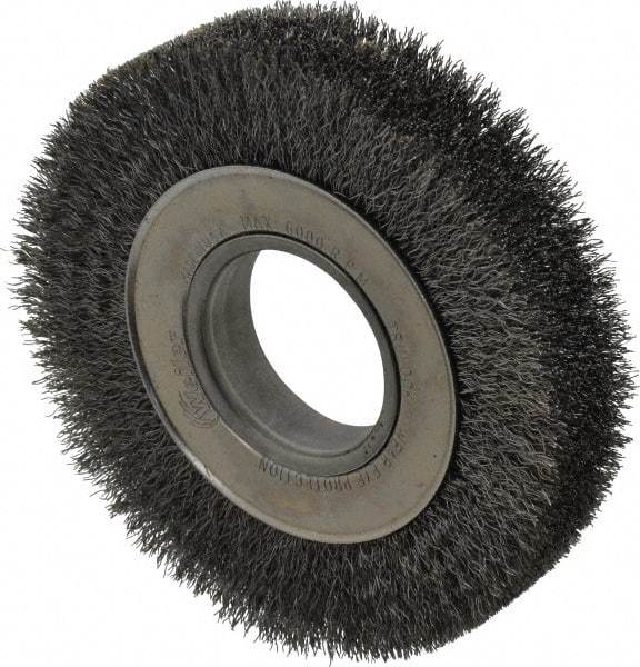 Weiler - 6" OD, 2" Arbor Hole, Crimped Steel Wheel Brush - 1-1/4" Face Width, 1-1/8" Trim Length, 0.0104" Filament Diam, 6,000 RPM - Eagle Tool & Supply
