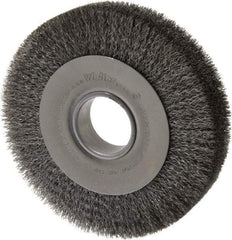 Weiler - 8" OD, 2" Arbor Hole, Crimped Steel Wheel Brush - 1-1/2" Face Width, 1-3/8" Trim Length, 0.0118" Filament Diam, 4,500 RPM - Eagle Tool & Supply