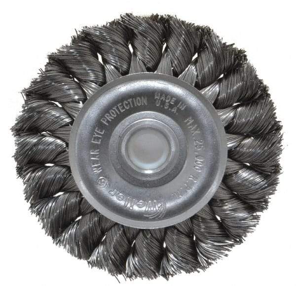 Weiler - 3" OD, 1/2" Arbor Hole, Knotted Steel Wheel Brush - 3/8" Face Width, 5/8" Trim Length, 0.0118" Filament Diam, 25,000 RPM - Eagle Tool & Supply