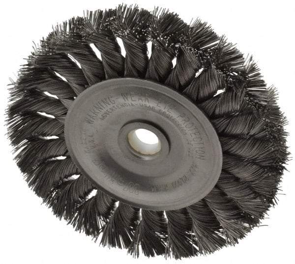 Weiler - 4" OD, 1/2" Arbor Hole, Knotted Steel Wheel Brush - 1/2" Face Width, 7/8" Trim Length, 0.0118" Filament Diam, 20,000 RPM - Eagle Tool & Supply
