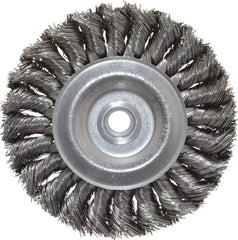 Weiler - 4" OD, 1/2" Arbor Hole, Knotted Steel Wheel Brush - 1/2" Face Width, 7/8" Trim Length, 0.014" Filament Diam, 20,000 RPM - Eagle Tool & Supply