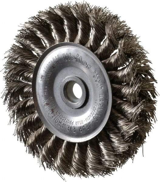 Weiler - 4" OD, 1/2" Arbor Hole, Knotted Stainless Steel Wheel Brush - 1/2" Face Width, 7/8" Trim Length, 0.014" Filament Diam, 20,000 RPM - Eagle Tool & Supply