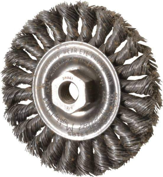 Weiler - 4" OD, 1/2-13 Arbor Hole, Knotted Steel Wheel Brush - 1/2" Face Width, 7/8" Trim Length, 0.014" Filament Diam, 20,000 RPM - Eagle Tool & Supply