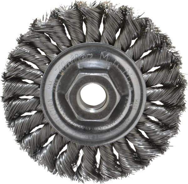 Weiler - 4" OD, 5/8-11 Arbor Hole, Knotted Steel Wheel Brush - 1/2" Face Width, 7/8" Trim Length, 0.014" Filament Diam, 20,000 RPM - Eagle Tool & Supply