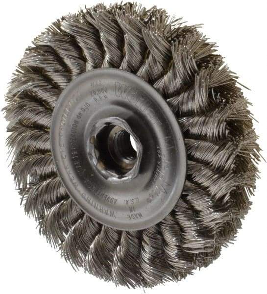 Weiler - 4" OD, 1/2-13 Arbor Hole, Knotted Stainless Steel Wheel Brush - 1/2" Face Width, 7/8" Trim Length, 0.014" Filament Diam, 20,000 RPM - Eagle Tool & Supply