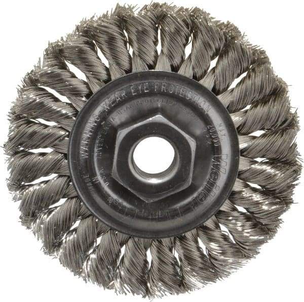 Weiler - 4" OD, 5/8-11 Arbor Hole, Knotted Stainless Steel Wheel Brush - 1/2" Face Width, 7/8" Trim Length, 0.014" Filament Diam, 20,000 RPM - Eagle Tool & Supply