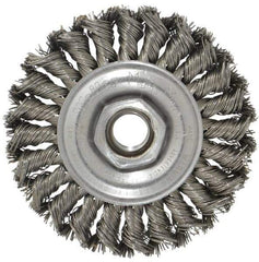 Weiler - 4" OD, 5/8-11 Arbor Hole, Knotted Steel Wheel Brush - 1/2" Face Width, 7/8" Trim Length, 0.02" Filament Diam, 20,000 RPM - Eagle Tool & Supply