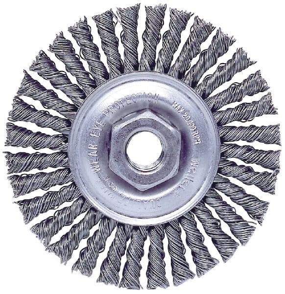 Weiler - 4" OD, M10x1.50 Arbor Hole, Knotted Steel Wheel Brush - 3/16" Face Width, 7/8" Trim Length, 0.02" Filament Diam, 20,000 RPM - Eagle Tool & Supply