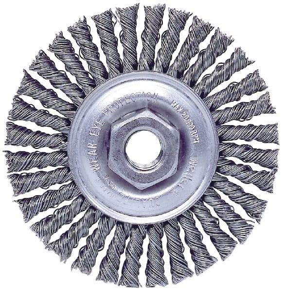 Weiler - 4" OD, M10x1.25 Arbor Hole, Knotted Stainless Steel Wheel Brush - 3/16" Face Width, 7/8" Trim Length, 0.02" Filament Diam, 20,000 RPM - Eagle Tool & Supply