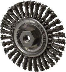 Weiler - 4" OD, 3/8-24 Arbor Hole, Knotted Steel Wheel Brush - 3/16" Face Width, 7/8" Trim Length, 0.02" Filament Diam, 20,000 RPM - Eagle Tool & Supply