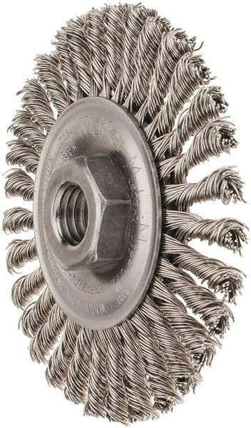 Weiler - 4" OD, 5/8-11 Arbor Hole, Knotted Stainless Steel Wheel Brush - 3/16" Face Width, 7/8" Trim Length, 0.02" Filament Diam, 20,000 RPM - Eagle Tool & Supply