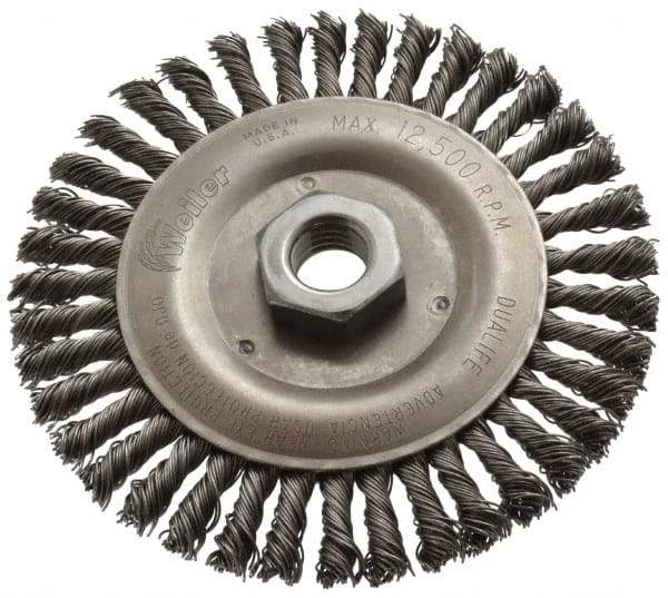 Weiler - 5" OD, 5/8-11 Arbor Hole, Knotted Steel Wheel Brush - 3/16" Face Width, 7/8" Trim Length, 0.02" Filament Diam, 12,500 RPM - Eagle Tool & Supply