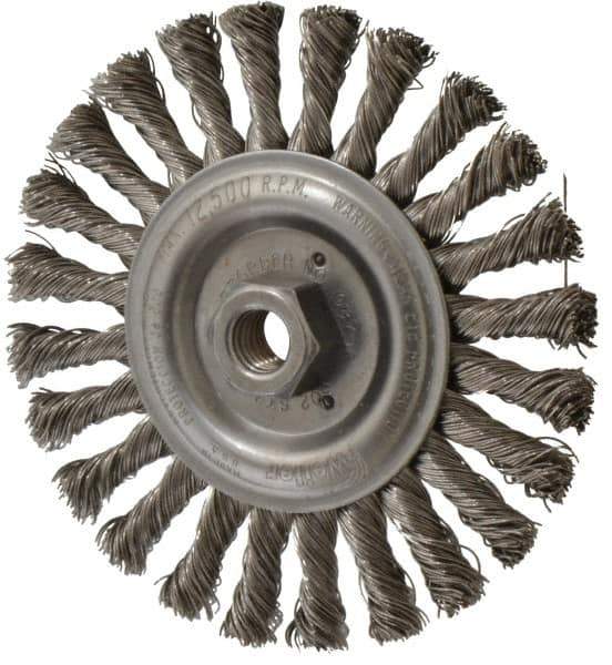 Weiler - 6" OD, 5/8-11 Arbor Hole, Knotted Stainless Steel Wheel Brush - 1/2" Face Width, 1-3/8" Trim Length, 0.023" Filament Diam, 12,500 RPM - Eagle Tool & Supply