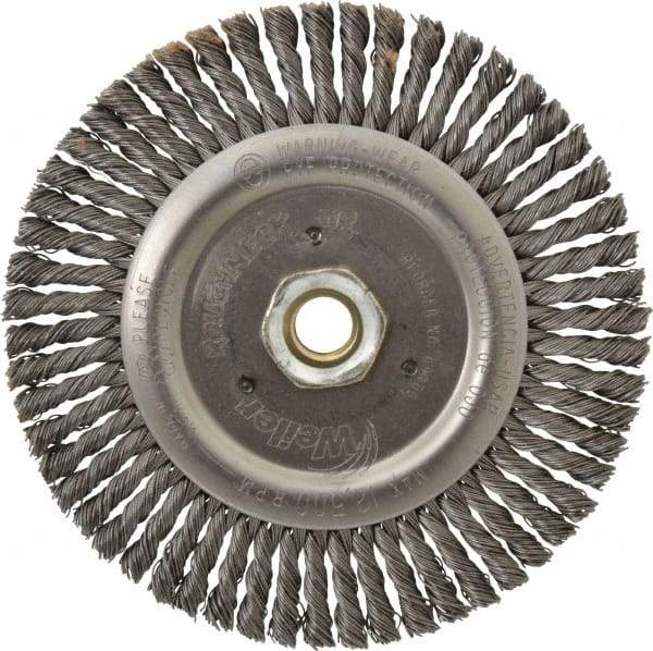 Weiler - 6" OD, 5/8-11 Arbor Hole, Knotted Steel Wheel Brush - 3/16" Face Width, 1-1/8" Trim Length, 0.02" Filament Diam, 12,500 RPM - Eagle Tool & Supply