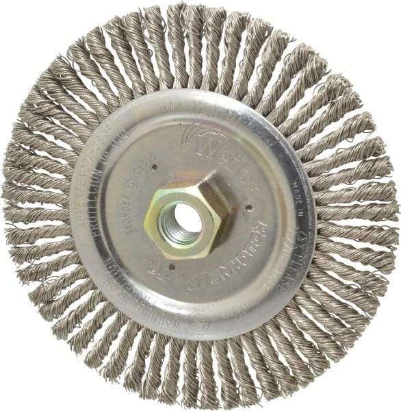 Weiler - 6" OD, 5/8-11 Arbor Hole, Knotted Stainless Steel Wheel Brush - 3/16" Face Width, 1-1/8" Trim Length, 0.02" Filament Diam, 12,500 RPM - Eagle Tool & Supply