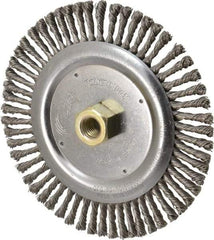 Weiler - 6-7/8" OD, 5/8-11 Arbor Hole, Knotted Stainless Steel Wheel Brush - 3/16" Face Width, 1-1/8" Trim Length, 0.02" Filament Diam, 9,000 RPM - Eagle Tool & Supply