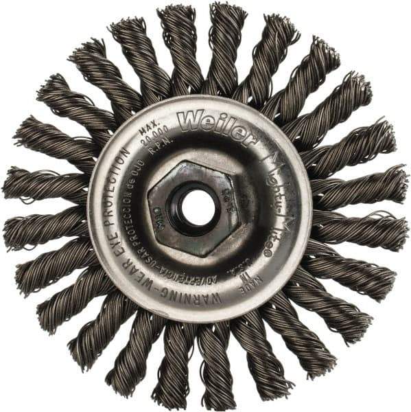 Weiler - 4" OD, M10x1.25 Arbor Hole, Knotted Steel Wheel Brush - 1/4" Face Width, 7/8" Trim Length, 0.02" Filament Diam, 20,000 RPM - Eagle Tool & Supply