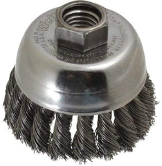 Weiler - 2-3/4" Diam, 5/8-11 Threaded Arbor, Steel Fill Cup Brush - 0.014 Wire Diam, 7/8" Trim Length, 14,000 Max RPM - Eagle Tool & Supply