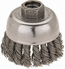 Weiler - 2-3/4" Diam, 5/8-11 Threaded Arbor, Steel Fill Cup Brush - 0.02 Wire Diam, 7/8" Trim Length, 14,000 Max RPM - Eagle Tool & Supply