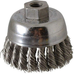 Weiler - 2-3/4" Diam, 1/2-13 Threaded Arbor, Stainless Steel Fill Cup Brush - 0.02 Wire Diam, 7/8" Trim Length, 14,000 Max RPM - Eagle Tool & Supply