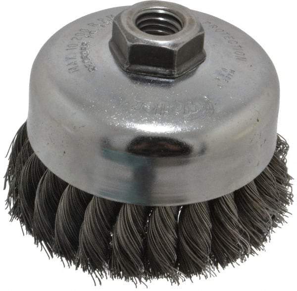 Weiler - 4" Diam, 5/8-11 Threaded Arbor, Steel Fill Cup Brush - 0.014 Wire Diam, 1-1/4" Trim Length, 9,000 Max RPM - Eagle Tool & Supply