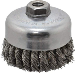 Weiler - 4" Diam, 5/8-11 Threaded Arbor, Steel Fill Cup Brush - 0.023 Wire Diam, 1-1/4" Trim Length, 9,000 Max RPM - Eagle Tool & Supply