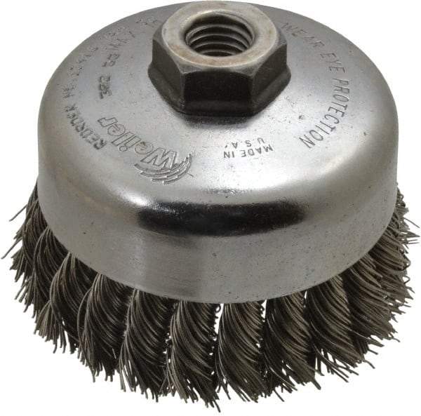 Weiler - 4" Diam, 5/8-11 Threaded Arbor, Stainless Steel Fill Cup Brush - 0.023 Wire Diam, 1-1/4" Trim Length, 9,000 Max RPM - Eagle Tool & Supply