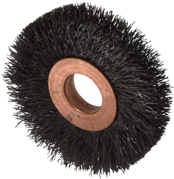 Weiler - 2" OD, 1/2" Arbor Hole, Crimped Steel Wheel Brush - 3/8" Face Width, 1/2" Trim Length, 0.008" Filament Diam, 20,000 RPM - Eagle Tool & Supply