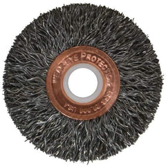 Weiler - 2" OD, 1/2" Arbor Hole, Crimped Steel Wheel Brush - 3/8" Face Width, 1/2" Trim Length, 0.0118" Filament Diam, 20,000 RPM - Eagle Tool & Supply