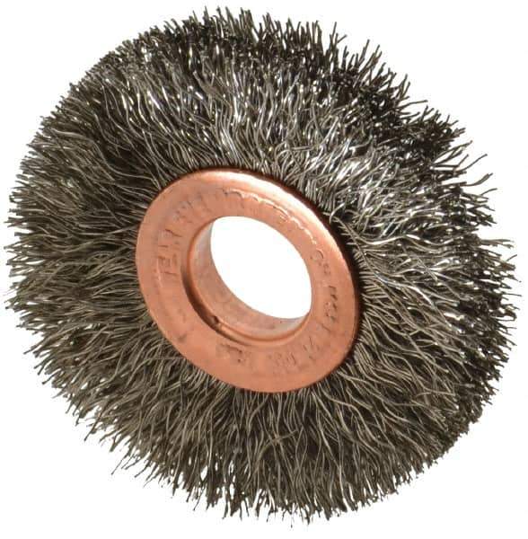 Weiler - 2" OD, 1/2" Arbor Hole, Crimped Stainless Steel Wheel Brush - 3/8" Face Width, 1/2" Trim Length, 0.0104" Filament Diam, 20,000 RPM - Eagle Tool & Supply