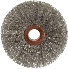 Weiler - 3" OD, 1/2" Arbor Hole, Crimped Stainless Steel Wheel Brush - 5/8" Face Width, 1" Trim Length, 0.006" Filament Diam, 20,000 RPM - Eagle Tool & Supply