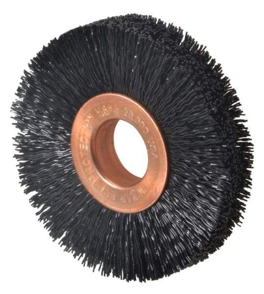 Weiler - 2" OD, 1/2" Arbor Hole, Crimped Nylon Wheel Brush - 3/8" Face Width, 1/2" Trim Length, 0.014" Filament Diam, 20,000 RPM - Eagle Tool & Supply