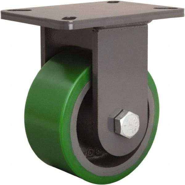 Hamilton - 6" Diam x 3" Wide x 8" OAH Top Plate Mount Rigid Caster - Polyurethane Mold onto Cast Iron Center, 2,200 Lb Capacity, Tapered Roller Bearing, 5-1/4 x 7-1/4" Plate - Eagle Tool & Supply
