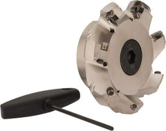 Seco - 4" Cut Diam, 1-1/2" Arbor Hole, 0.295" Max Depth of Cut, 45° Indexable Chamfer & Angle Face Mill - 7 Inserts, SE.X 1505 Insert, Right Hand Cut, 7 Flutes, Through Coolant, Series QuattroMill 15 - Eagle Tool & Supply
