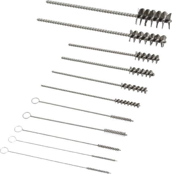 PRO-SOURCE - 11 Piece Stainless Steel Hand Tube Brush Set - 3/4" to 1-1/2" Brush Length, 4" OAL, 0.034" Shank Diam, Includes Brush Diams 1/4", 5/16", 3/8", 1/2" & 3/4" - Eagle Tool & Supply