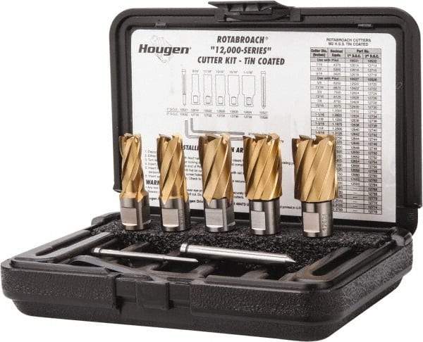 Hougen - 8 Piece, 9/16 to 1-1/16" Cutter Diam, 1" Cutting Depth, High Speed Steel Annular Cutter Set - TiN Finish, 3/4" Shank Diam, 9/16, 11/16, 13/16, 15/16, 1-1/16" Cutter Diams, 2 Flats on Shank - Eagle Tool & Supply