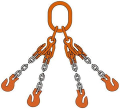 Pewag - 5' Long, 9,100 Lb Basket Capacity, 9,100 Lb Vertical Capacity, Alloy Steel Web Sling - QOG Chain Sling, 9/32" Diam Chain, Silver (Color), with 4 Grab Hooks, Master Link & 4 Shortening Hooks - Eagle Tool & Supply