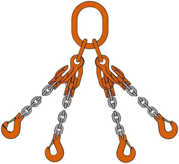 Pewag - 5' Long, 31,200 Lb Basket Capacity, 31,200 Lb Vertical Capacity, Alloy Steel Web Sling - QOS Chain Sling, 1/2" Diam Chain, Silver (Color), with 4 Sling Hooks, Master Link & 4 Shortening Hooks - Eagle Tool & Supply