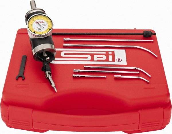 SPI - 9 Piece, 0" to 1/4" Measuring Range, 1.6" Dial Diam, 0-50 Dial Reading, White Dial Test Indicator Kit - 0.005mm Accuracy, 2, 4 & 6" Contact Point Length, 1/8" Ball Diam, 0.0005" Dial Graduation - Eagle Tool & Supply