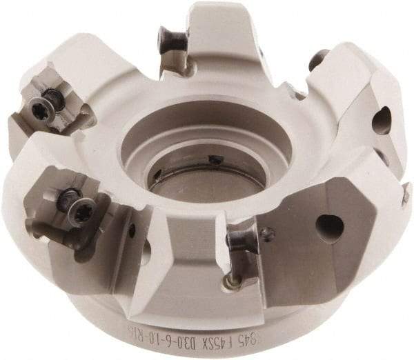Iscar - 3.58" Cut Diam, 1" Arbor Hole, 0.276" Max Depth of Cut, 45° Indexable Chamfer & Angle Face Mill - 6 Inserts, S845 SX.U 16.. Insert, Right Hand Cut, 6 Flutes, Through Coolant, Series Helido - Eagle Tool & Supply