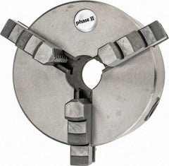 Phase II - 3 Jaws, 5" Diam, Self Centering Manual Lathe Chuck - Plain Back Mount Spindle, Reversible, 1.18" Through Hole Diam, Cast Iron - Eagle Tool & Supply
