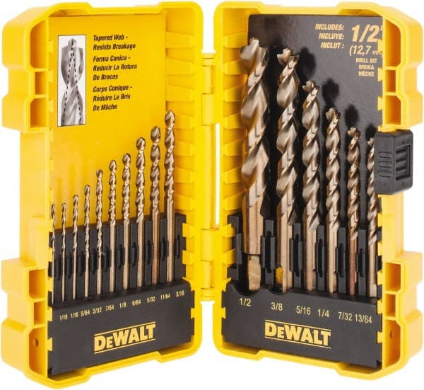 DeWALT - 1/16 to 1/2", 135° Point, Gold Finish, High Speed Steel Jobber Length Drill Bit Set - Eagle Tool & Supply