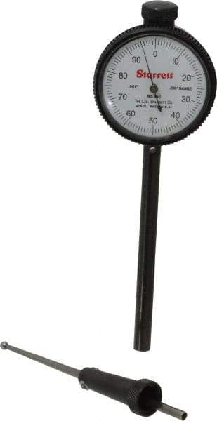 Starrett - 0.2 Inch Range, 0.001 Inch Dial Graduation, Dial Test Indicator - 1-11/16 Inch White Dial, 0-100 Dial Reading - Eagle Tool & Supply