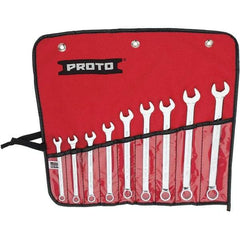 Proto - 9 Piece, 7mm to 15mm, 12 Point Combination Wrench Set - Metric Measurement Standard, Full Polish Finish, Comes in Vinyl Roll - Eagle Tool & Supply