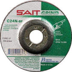 Sait - 24 Grit, 9" Wheel Diam, 1/4" Wheel Thickness, 7/8" Arbor Hole, Type 27 Depressed Center Wheel - Silicon Carbide, Resinoid Bond, N Hardness, 6,600 Max RPM, Compatible with Angle Grinder - Eagle Tool & Supply