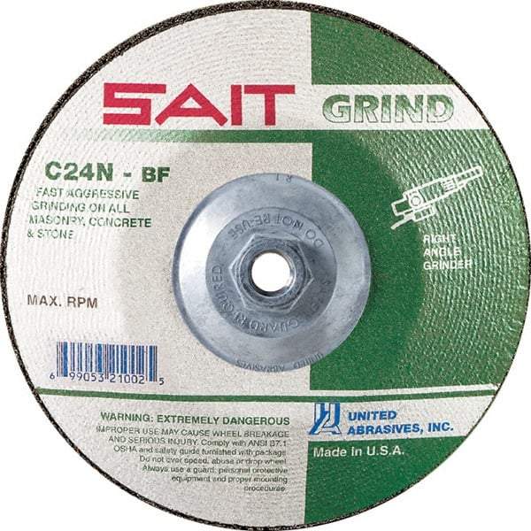 Sait - 24 Grit, 5" Wheel Diam, 1/4" Wheel Thickness, Type 27 Depressed Center Wheel - Silicon Carbide, Resinoid Bond, N Hardness, 12,200 Max RPM, Compatible with Angle Grinder - Eagle Tool & Supply